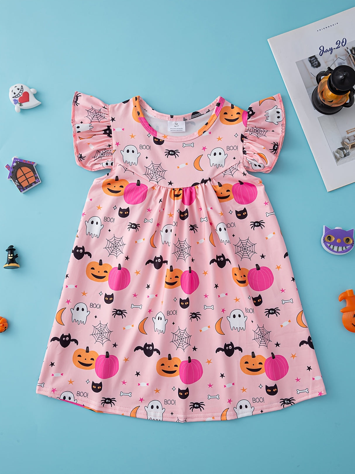 Flutter-Sleeve Pumpkin Halloween Dress - Super Comfort for Little Girls - Perfect Casual Party Wear, Autumn/Spring Seasons