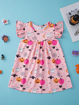 Flutter-Sleeve Pumpkin Halloween Dress - Super Comfort for Little Girls - Perfect Casual Party Wear, Autumn/Spring Seasons