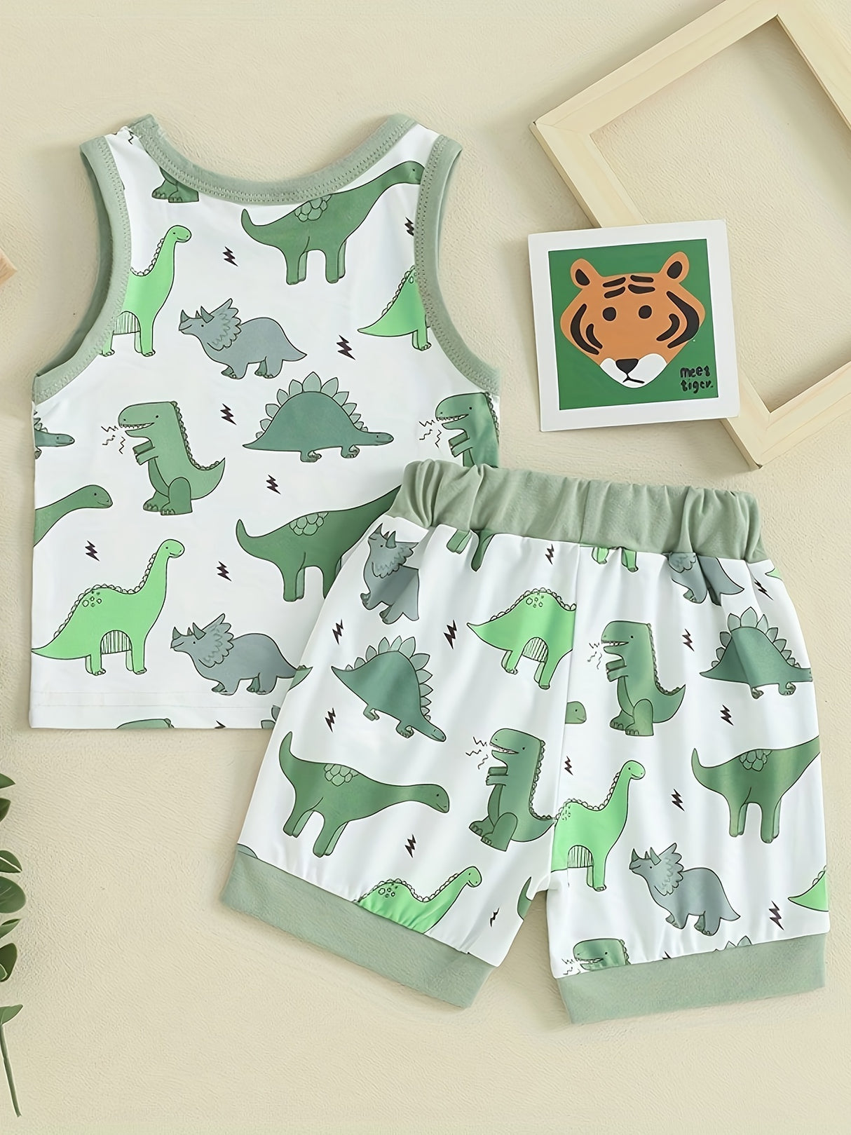 2-Piece Toddler Boys Set, Summer Outfit, Elastic Waist, Crew Neck Tank Top + Shorts, Casual Dinosaur Print Clothing Set