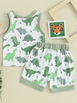 2-Piece Toddler Boys Set, Summer Outfit, Elastic Waist, Crew Neck Tank Top + Shorts, Casual Dinosaur Print Clothing Set