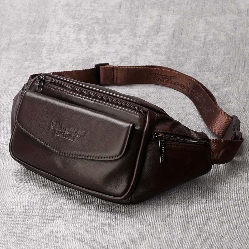Classic Fanny Pack Genuine Leather Waist Bag For Men & Women, Fashionable Top Layer Cowhide Multi-Pocket Waist Belt Bag For Travel Hiking Cycling Fishing Running