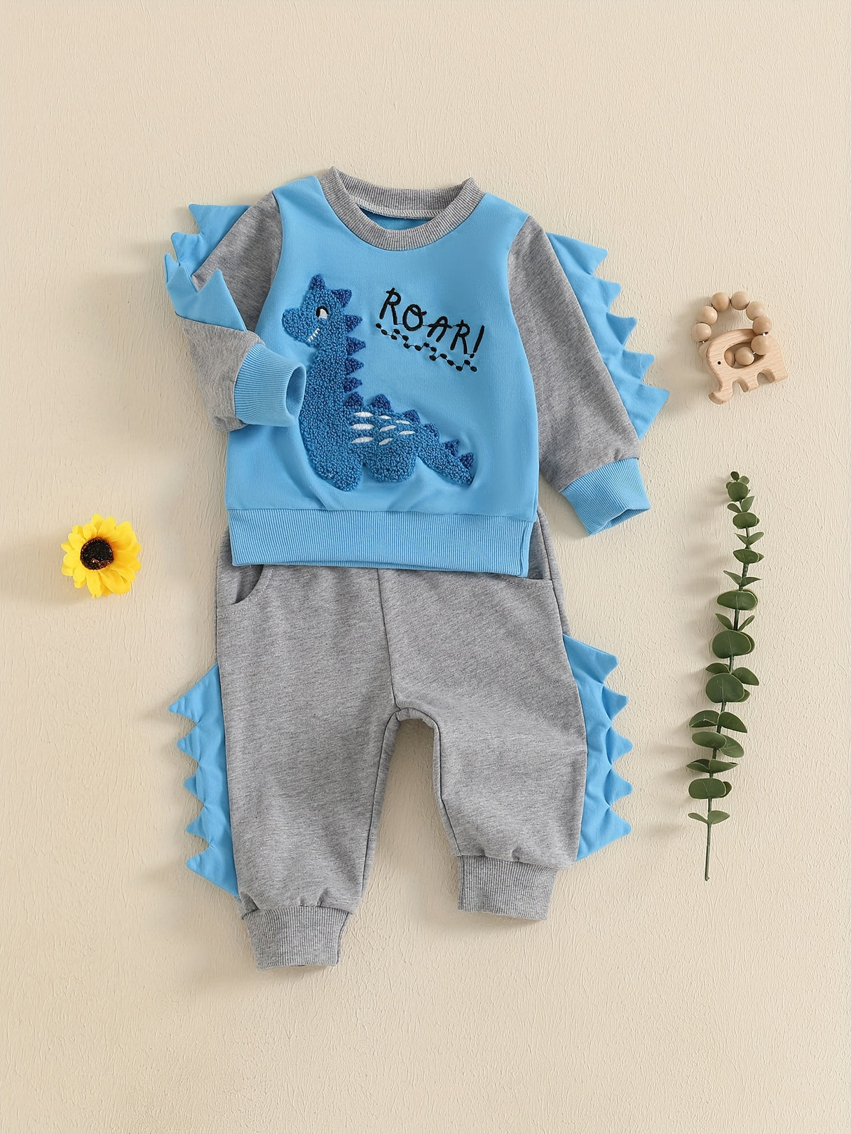 Toddler Boys Fall Outfits Dinosaur Letter Embroidery Long Sleeve Sweatshirts and Long Pants 2Pcs Clothes Set