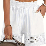 Summer Casual Shorts for Women, Lace Trim Slant Pocket Paper Bag Waist Shorts