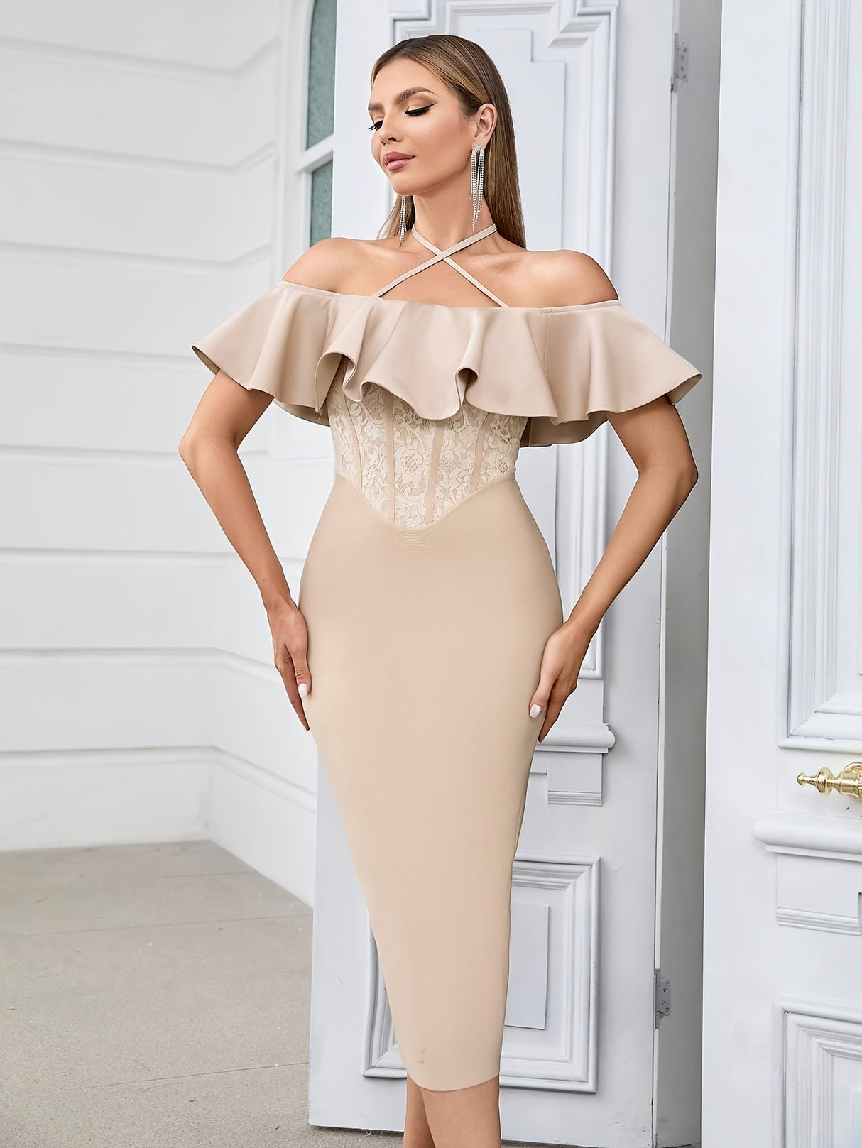 Elegant Bodycon Mermaid Dress for Women, Polyester 95% Elastane 5% Knit Fabric, Solid Color, Criss-Cross Shoulder with Ruffle Detail, Lace Back Split, Perfect for Evening Party - 550 g/m²