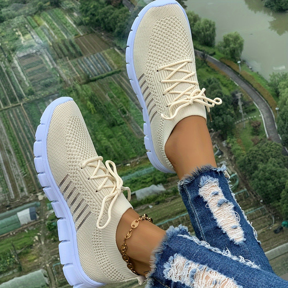Women's Mesh Breathable Running Shoes, Solid Color Lace Up Front Summer Walking Shoes, Flying Woven Casual Sneakers
