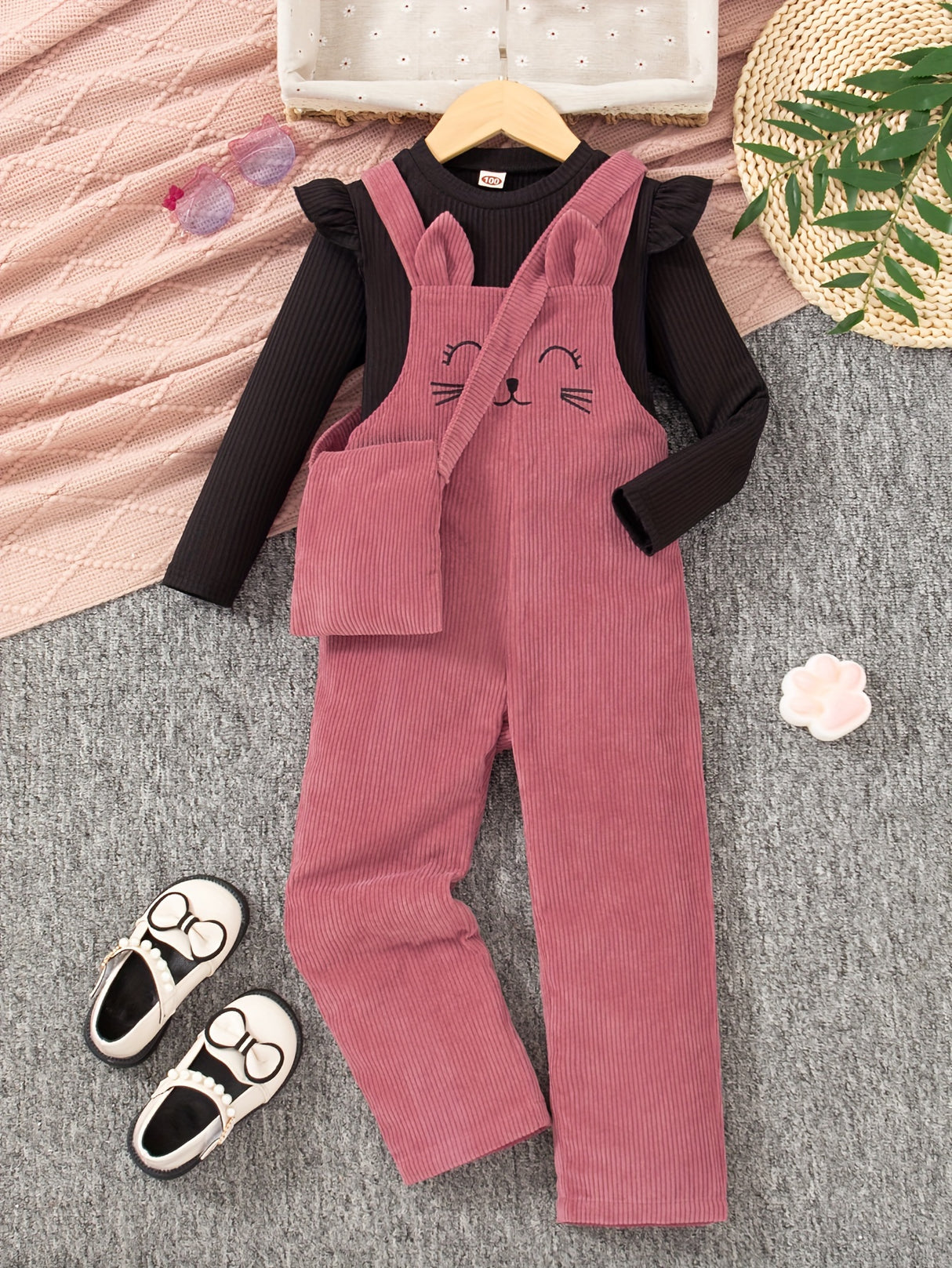 3PCS Flutter Trim Long Sleeve Top + Embroidery Jumpsuit Romper + Bag Set Kids Clothes For Girls Spring Fall Gift