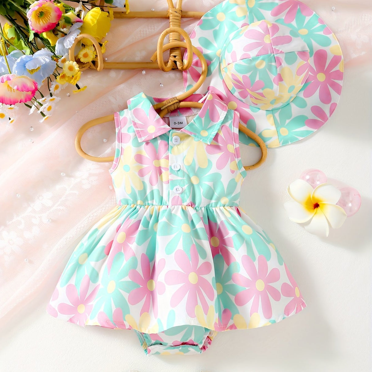 2 pieces of baby girl summer new floral full print lapel cardigan sleeveless jumpsuit+beach sun hat set