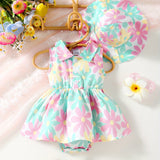2 pieces of baby girl summer new floral full print lapel cardigan sleeveless jumpsuit+beach sun hat set