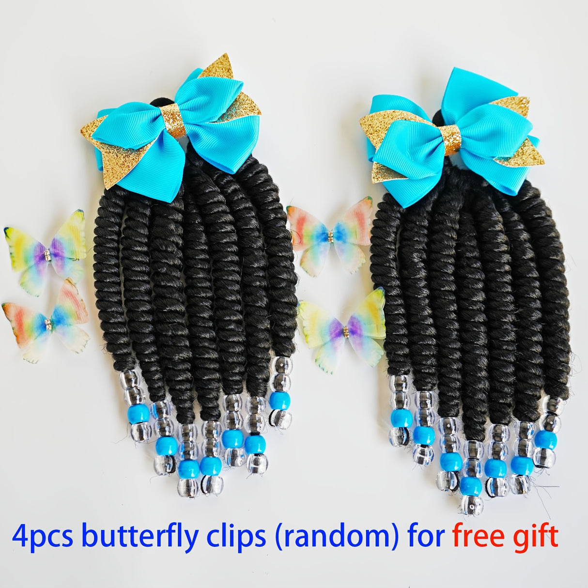 2pcs Delicate Kids Ponytail Extensions, Braids With Beads, Sweet Hair Extension With Elastic Tie, Twist Ponytails With Hair Bows Butterflies, Cute Pigtail, Beautiful Wig For Girls Casual Leisure Party Supplies, Gift Stage Per