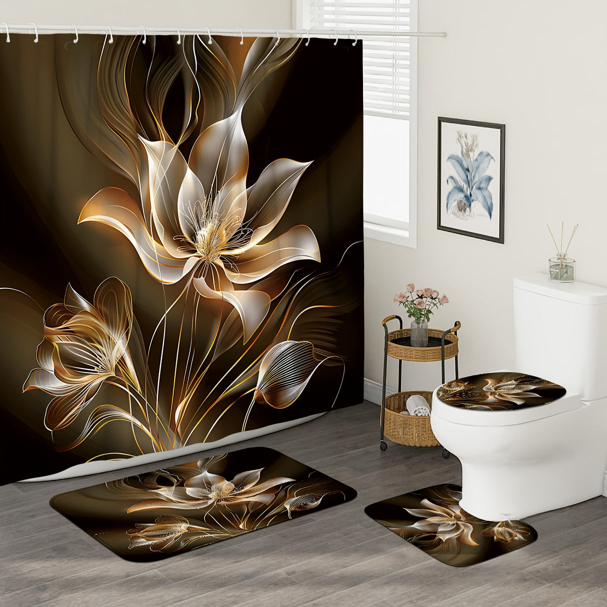 1/4pcs Deluxe Floral Shower Curtain Set - Waterproof, Non-Slip, U-Shaped Toilet Mat, 12 Hooks, Bath Mat, Bathroom Decor Accessories - Complete Bathroom Essentials Kit