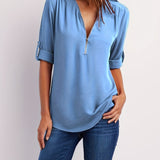 Solid V Neck Blouse, Casual Ruched Rollable Sleeve Half Zip Blouse, Women's Clothing