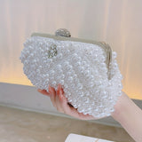 Luxurious Faux Pearl & Diamond Shell Pattern Clutch Bag - Buckle Closure, Metal Chain Strap, Polyester Lining, Solid Color, Party Perfect for Wedding, Evening Events - Elegant and Chic Handbag
