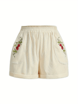Stylish Embroidered Strawberry Casual Shorts for Women – Semi-Sheer, Elastic Waist, Durable Material for Summer