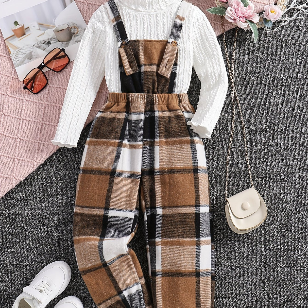 Girls 2pc, Solid Pullover Long Sleeve Top + Plaid Jumpsuit Kids Clothes For Spring Fall Outdoor