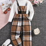 Girls 2pc, Solid Pullover Long Sleeve Top + Plaid Jumpsuit Kids Clothes For Spring Fall Outdoor