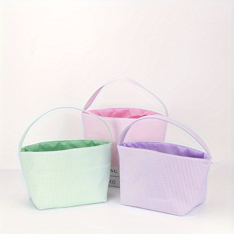 1pc Large Capacity Tote Bag, Easter Gift Bag, Easter Eggs Storage Bucket, Striped Seersucker Bunny Bag, Hunting Easter Eggs Handbag, Easter Party Decorations Gifts Bag, Party Tote Bags, Easter Gift Party Supplies