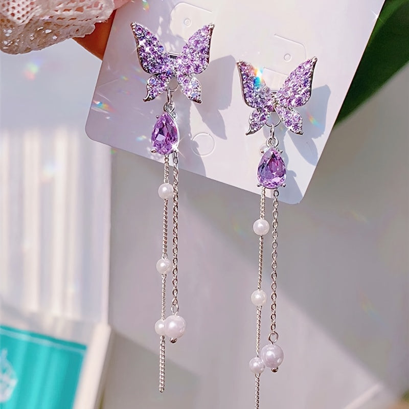 Chic Purple Butterfly Pearl Tassel Earrings - Whimsical Animal Pattern, Japanese & Korean Style, Versatile for All Occasions