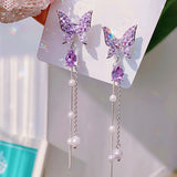 Chic Purple Butterfly Pearl Tassel Earrings - Whimsical Animal Pattern, Japanese & Korean Style, Versatile for All Occasions