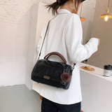Women'S Boston Handbag with Flower Pendant, Solid Color Zippered Satchel, Polyester Lined, Painted Edges, Messenger Bag for Occasions