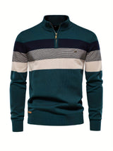 Cotton Knitted Color Block Sweater, Men's Casual Warm Slightly Stretch Half Zipper V Neck Pullover Sweater For Men Fall Winter