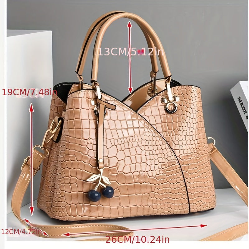2022 Newest Trendy Women'S Faux Crocodile-Texture Handbag with Cherry Pendant - Stylish Black And Red Shoulder And Handbag, Zip Closure, Polyester Lining, Edge Paint Detail, Handbag|Chic Handbag|Zippered Bag