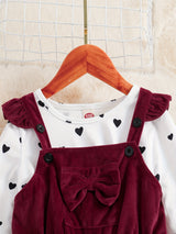 Girl's 2pcs, Bowknot Decor Corduroy Overalls & Heart Allover Print Top Set, Casual Outfits, Kids Clothes For Spring Fall