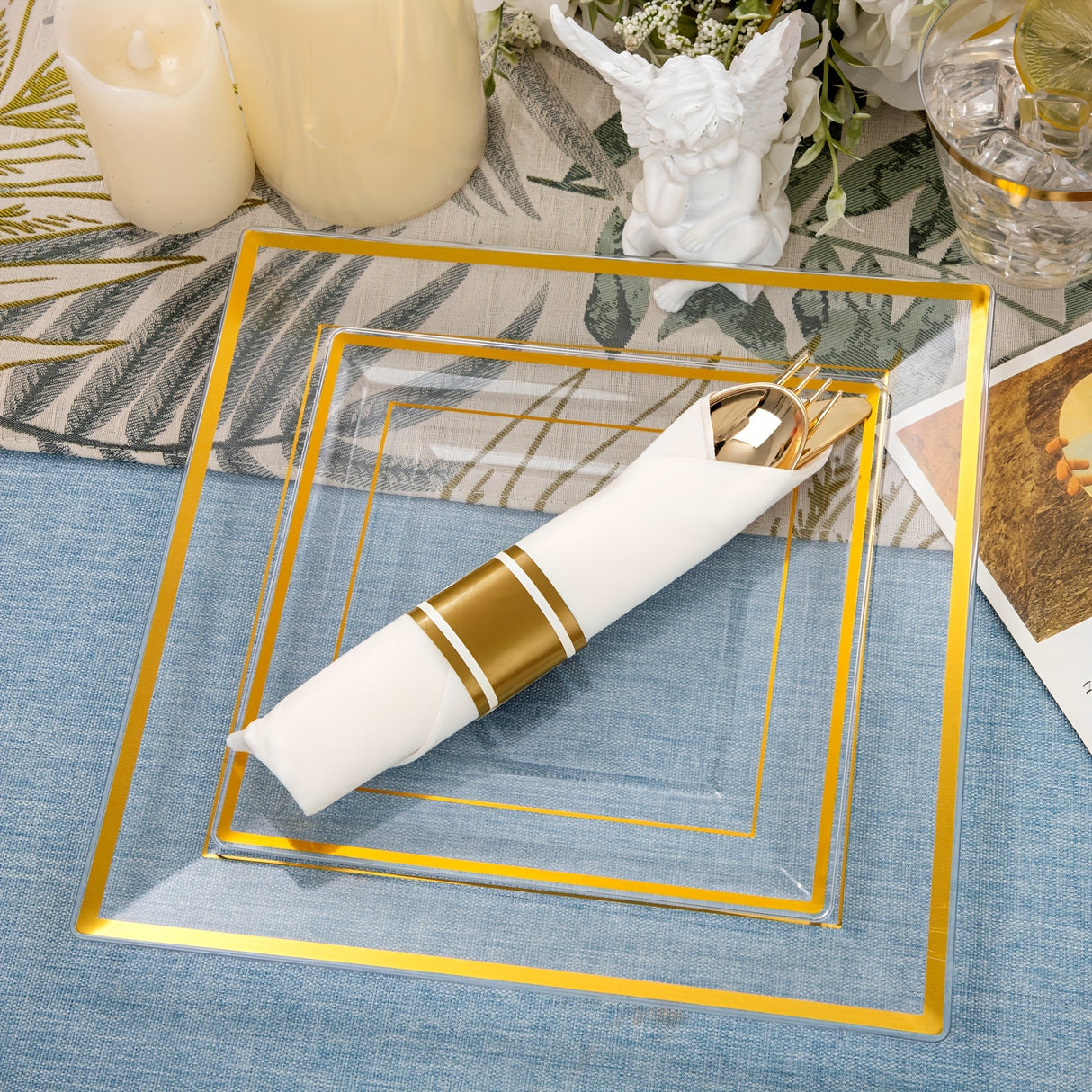 175 PCS Clear Gold Plastic Plates, Gold Plastic Dinnerware Sets Includes: 25 Dinner Plates, 25 Salad Plates, 25 Pre Rolled Napkins with Gold silverware, 25 Cups 9 OZ, Perfect for Wedding and Party (gold/rose gold), Hand washa