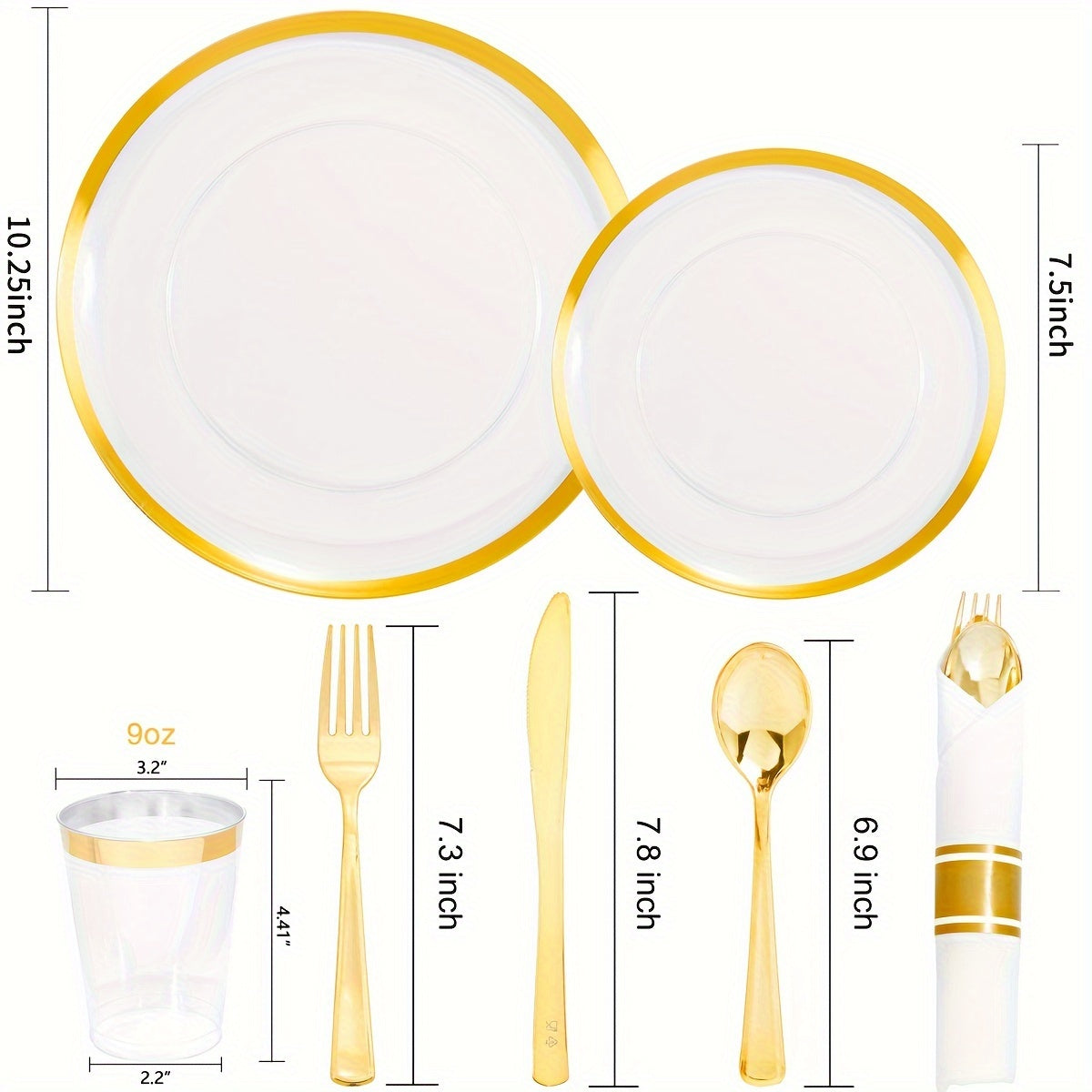 840pcs Gold Plastic Dinnerware set Include Wrapped Plastic Gold Silverware, Clear and Gold Plastic Plates, Disposable Cutlery Clear Plates with Gold Trim for Parties, Birthday Gifts 120Guests