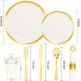 840pcs Gold Plastic Dinnerware set Include Wrapped Plastic Gold Silverware, Clear and Gold Plastic Plates, Disposable Cutlery Clear Plates with Gold Trim for Parties, Birthday Gifts 120Guests