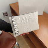 Crocodile Pattern Square Clutch Bag - Zipper Closure, Fixed Shoulder Straps, Animal Print PU Handbag with Polyester Lining and Wristlet - Fashionable Studded Decor for Women