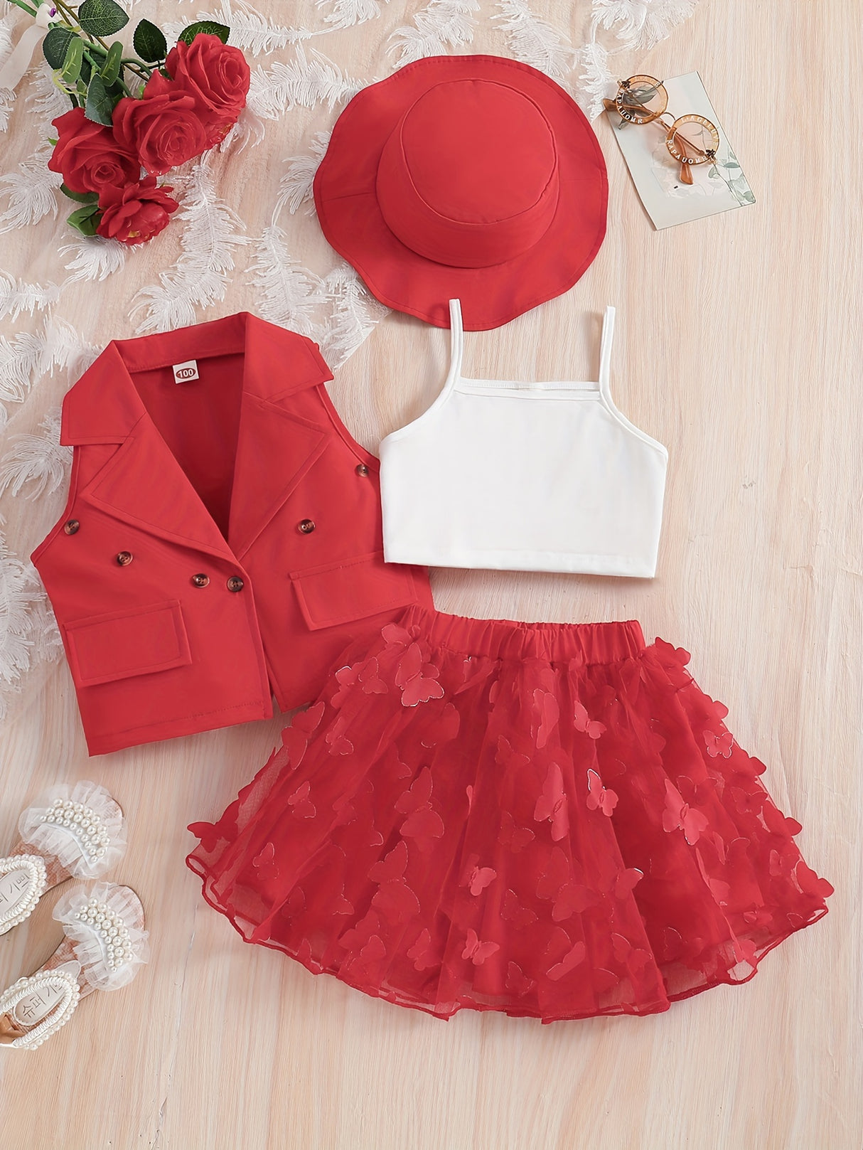4-Piece Girl's Vest, Camisole, Hat, and Elastic Waist Skirt Set - Butterfly Mesh Decor, Cute Trendy Outfits for Summer, Breathable, Comfortable, and Adorable Kids Clothes for Little Princesses