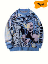 ANDREILEE Street Style Knit Pullover Sweater for Men - Crew Neck, Long Sleeve, Cartoon Pattern, Viscose Blend, Medium Stretch, Regular Fit, Casual Hip-Hop Fall/Winter Knitted Jumper - For Men - Suitable for Fall/Winter - Perf