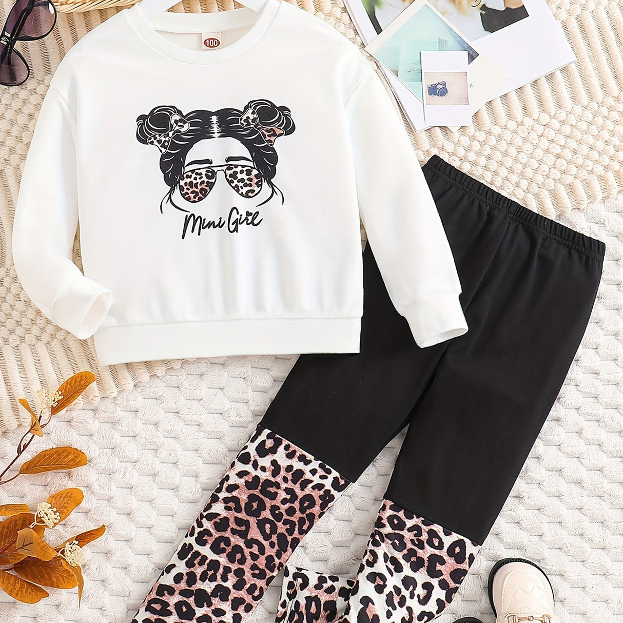 Toddler Girl's 2pcs, MINI GIRL Print Sweatshirt & Leopard Pattern Leggings Set, Cartoon Sunglasses Girl Graphic Casual Outfits, Kids Clothes For Spring Fall