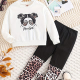 Toddler Girl's 2pcs, MINI GIRL Print Sweatshirt & Leopard Pattern Leggings Set, Cartoon Sunglasses Girl Graphic Casual Outfits, Kids Clothes For Spring Fall