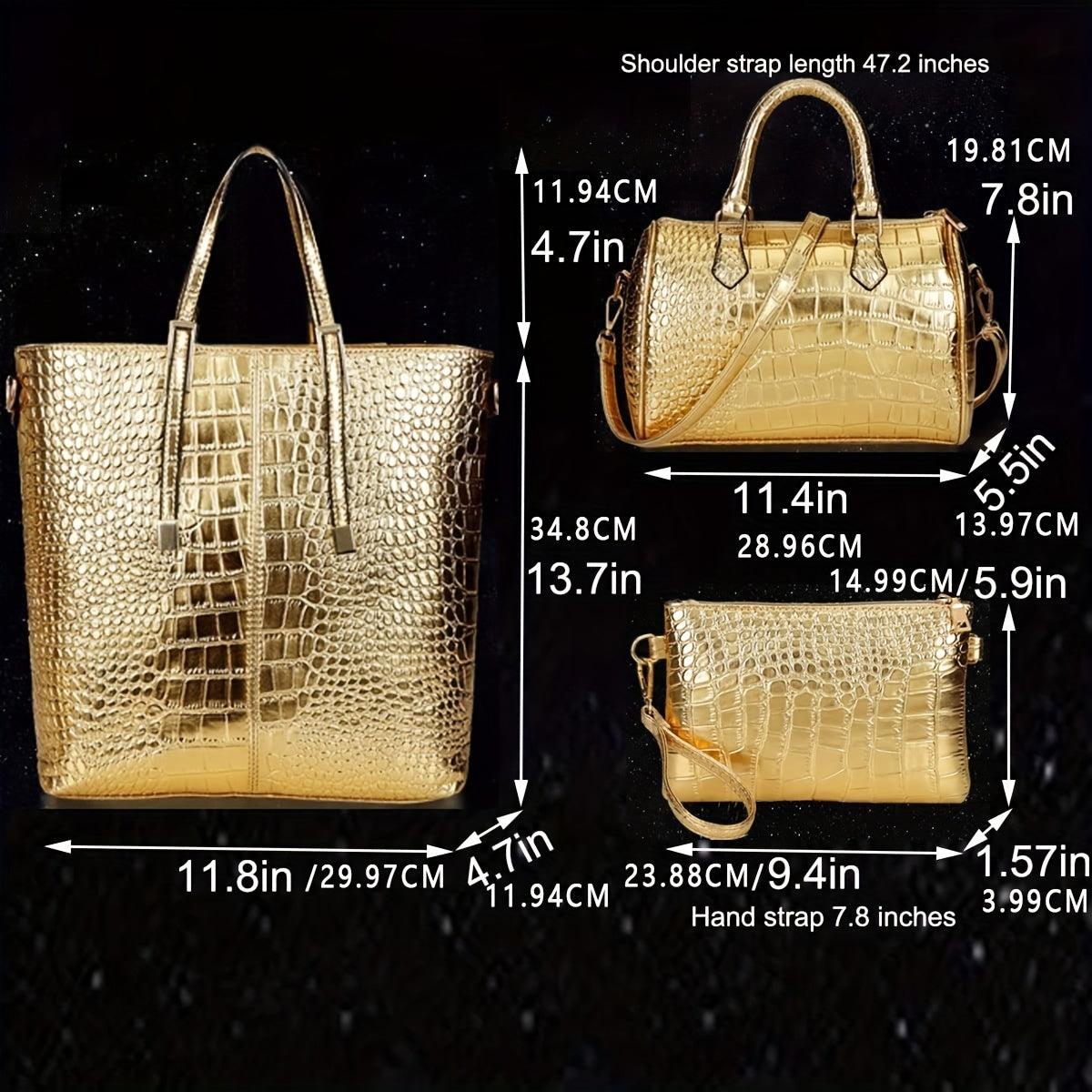 3pcs/set Golden Luxury Top Handle Tote Bag, Crocodile Print Satchel Handbag, Women's Fashion Shoulder Bag, Crossbody Bag & Purse
