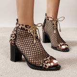 Women's Leopard Print Mesh Block High Heels, Fashion Peep Toe Lace Up & Back Zipper Sandals, Sexy Dress Shoes