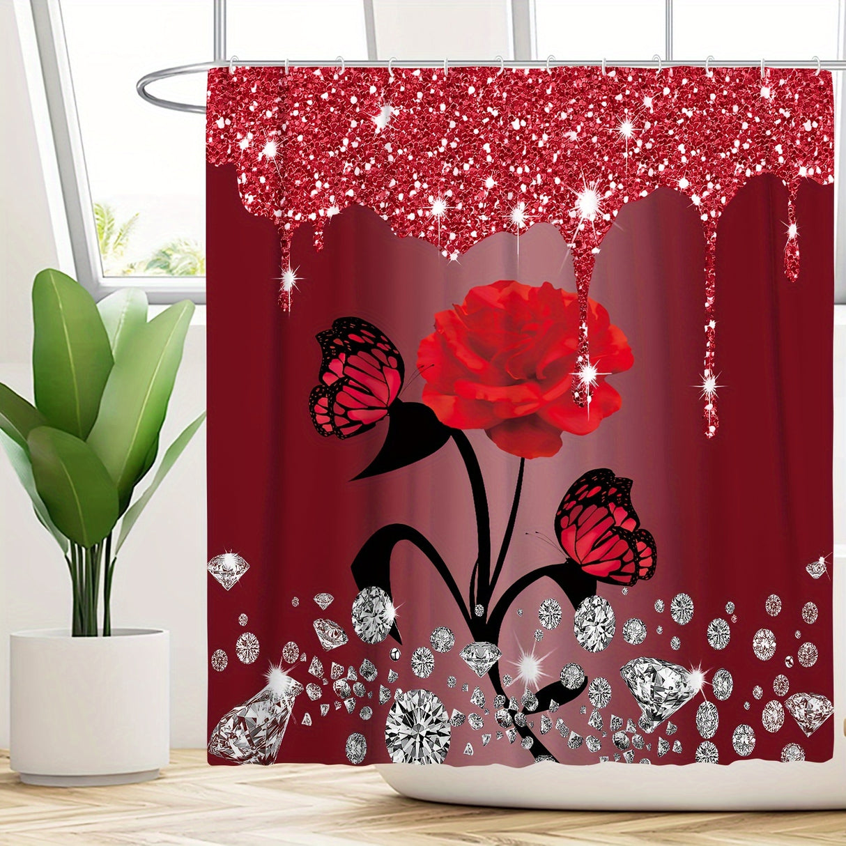 1/3/4pcs Diamond Butterfly Rose Pattern Shower Curtain Set - Waterproof, Non-Slip, Decorative Bathroom Essentials with Bath Mat, Toilet Cover Pad, U-Shaped Mat, and Hooks - Complete Home Bathroom Decor Solution