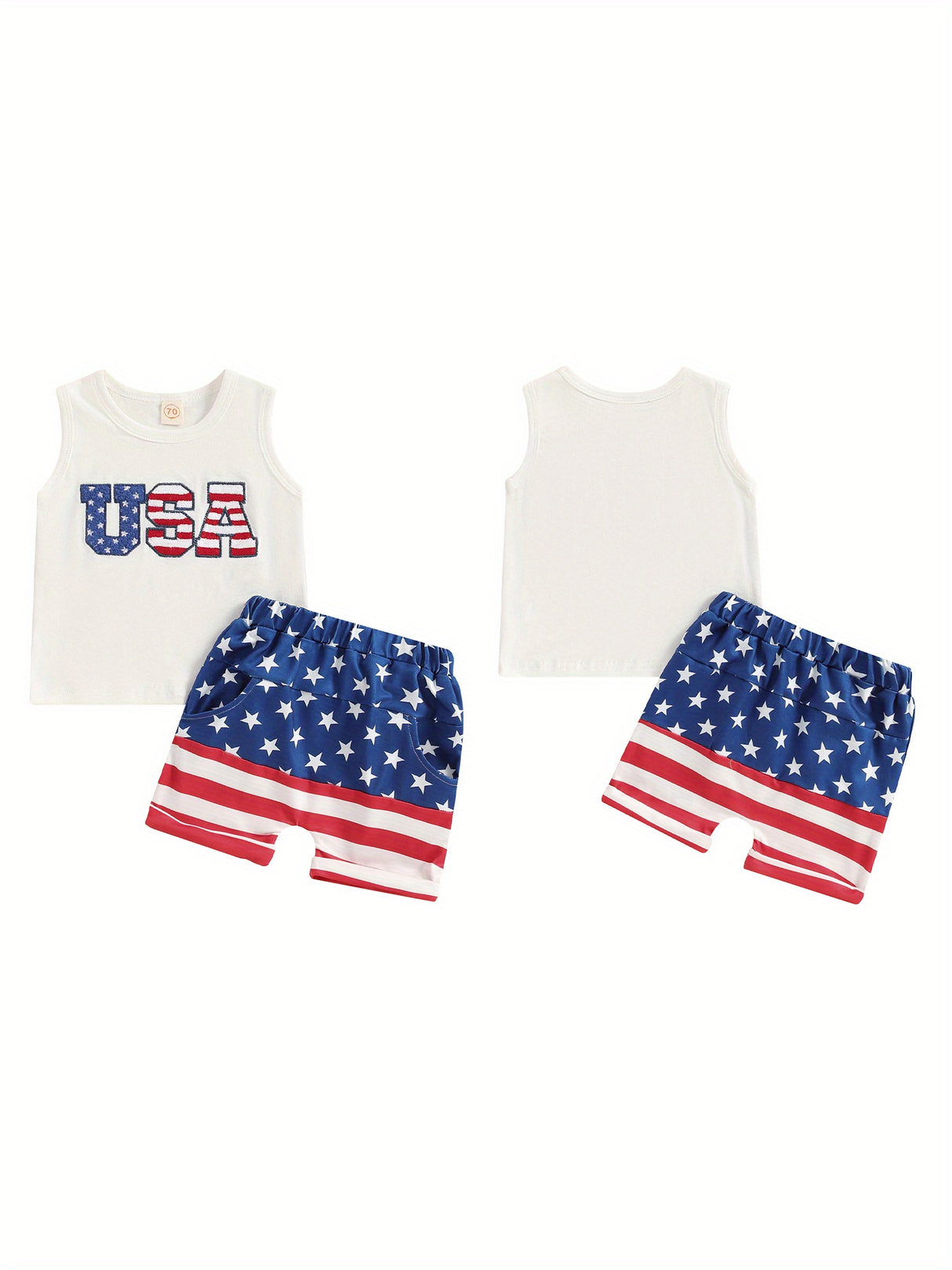 4th of July Toddler Boys Outfits Fuzzy Letter Embroidered Tank Tops and Stripe Stars Print Shorts 2pcs Clothes Set, Perfect for Outdoor