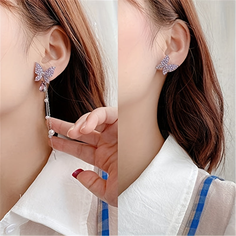 Chic Purple Butterfly Pearl Tassel Earrings - Whimsical Animal Pattern, Japanese & Korean Style, Versatile for All Occasions