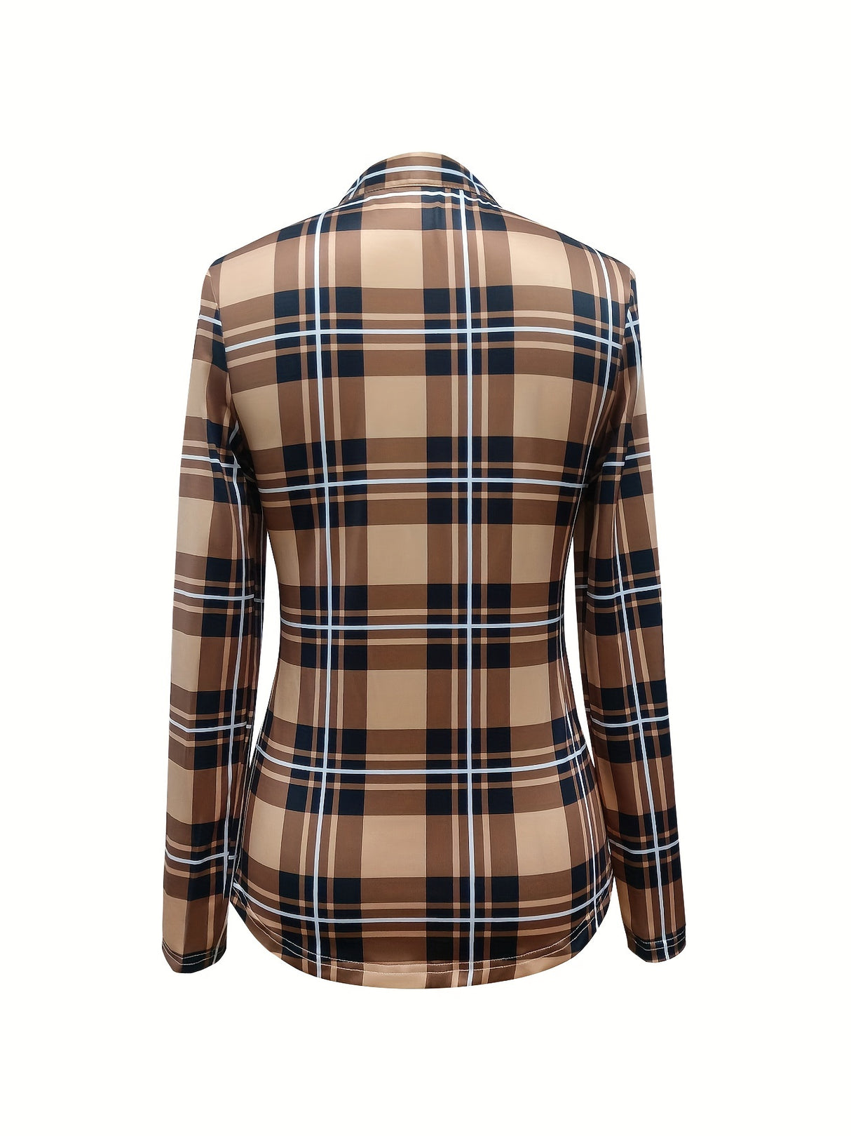 Casual Long Sleeve V Neck Plaid Print Drawstring Blouse - Women's Clothing