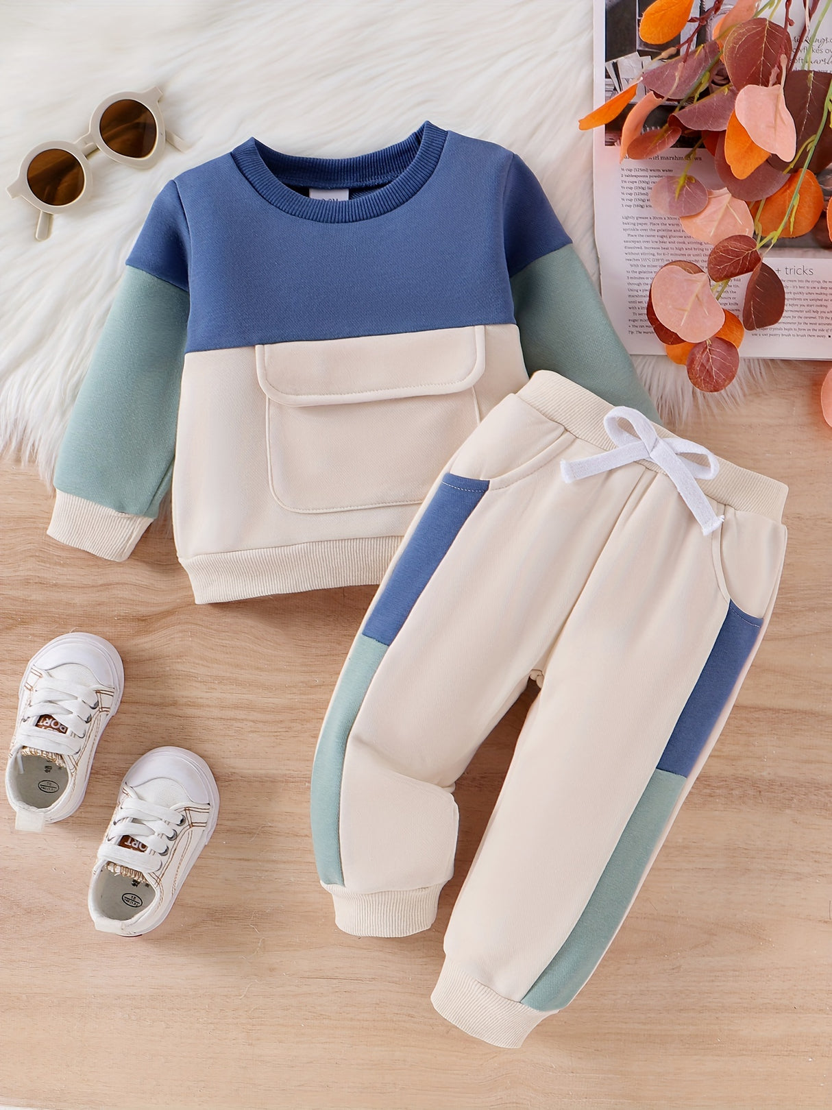 CETEPY Toddler Baby Boys Clothes Autumn Winter Outfits Color Block Long-sleeved Top + Trousers WIth Pockets Sets 6 Months-3 Years, for Outdoor