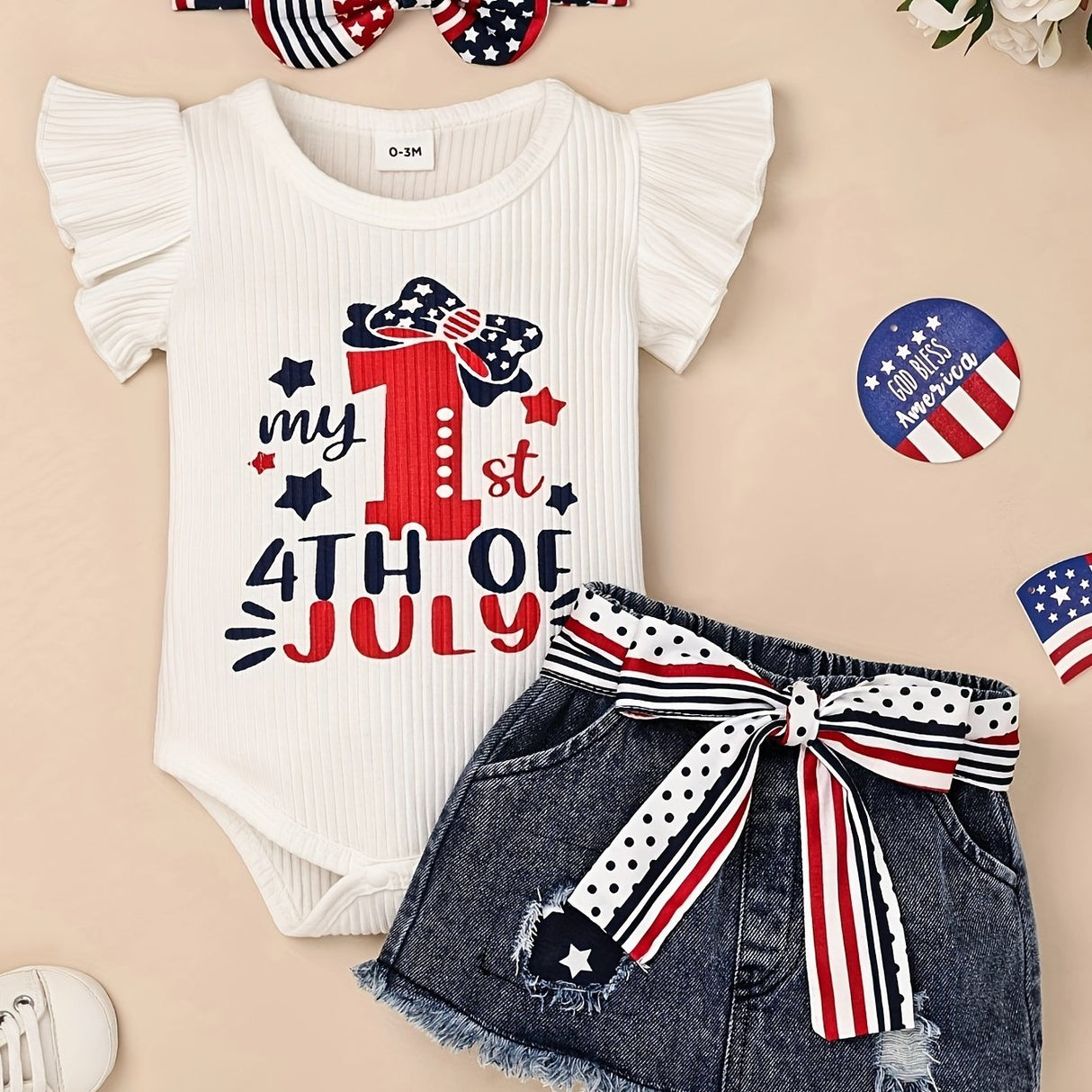 My 1st 4th of July Baby Girl Clothes Newborn Independence Day Outfits Infant Ruffle Romper + Short Jean Skirt + Headband 0-18 Months, for Outdoor