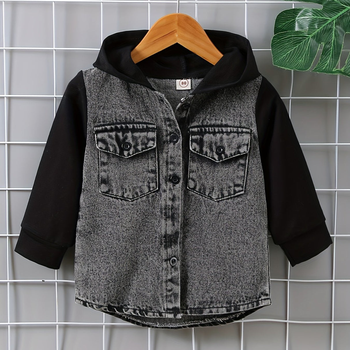 Toddler Boys Stylish Hooded Stitching Long-sleeved Single-breasted Denim Coat With Umbrella-shaped Hem Design, Kids Clothes Autumn And Winter