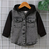 Toddler Boys Stylish Hooded Stitching Long-sleeved Single-breasted Denim Coat With Umbrella-shaped Hem Design, Kids Clothes Autumn And Winter