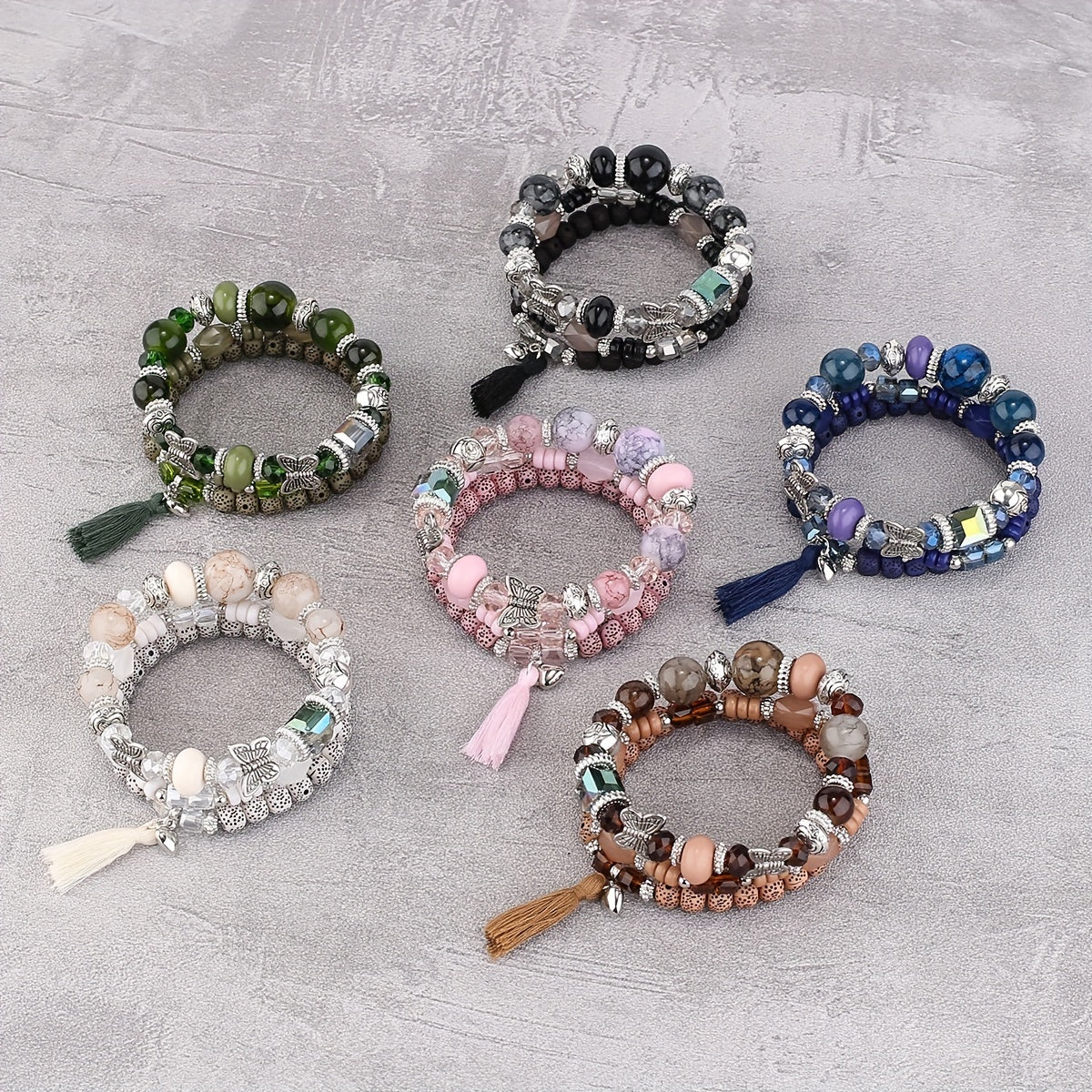 3pcs/set Vibrant Bohemian Butterfly Pendant Tassel Beaded Elastic Multi-Layer Acrylic Bracelets - Stylish Boho Accessories for Men and Women - Perfect Daily Decoration, Gift for Family, Friends, Boyfriends, and Girlfriends on