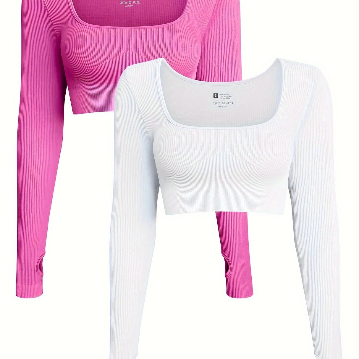 OQQ Women's 2 Piece Crop Top Ribbed Seamless Workout Exercise Long Sleeve Crop Tops
