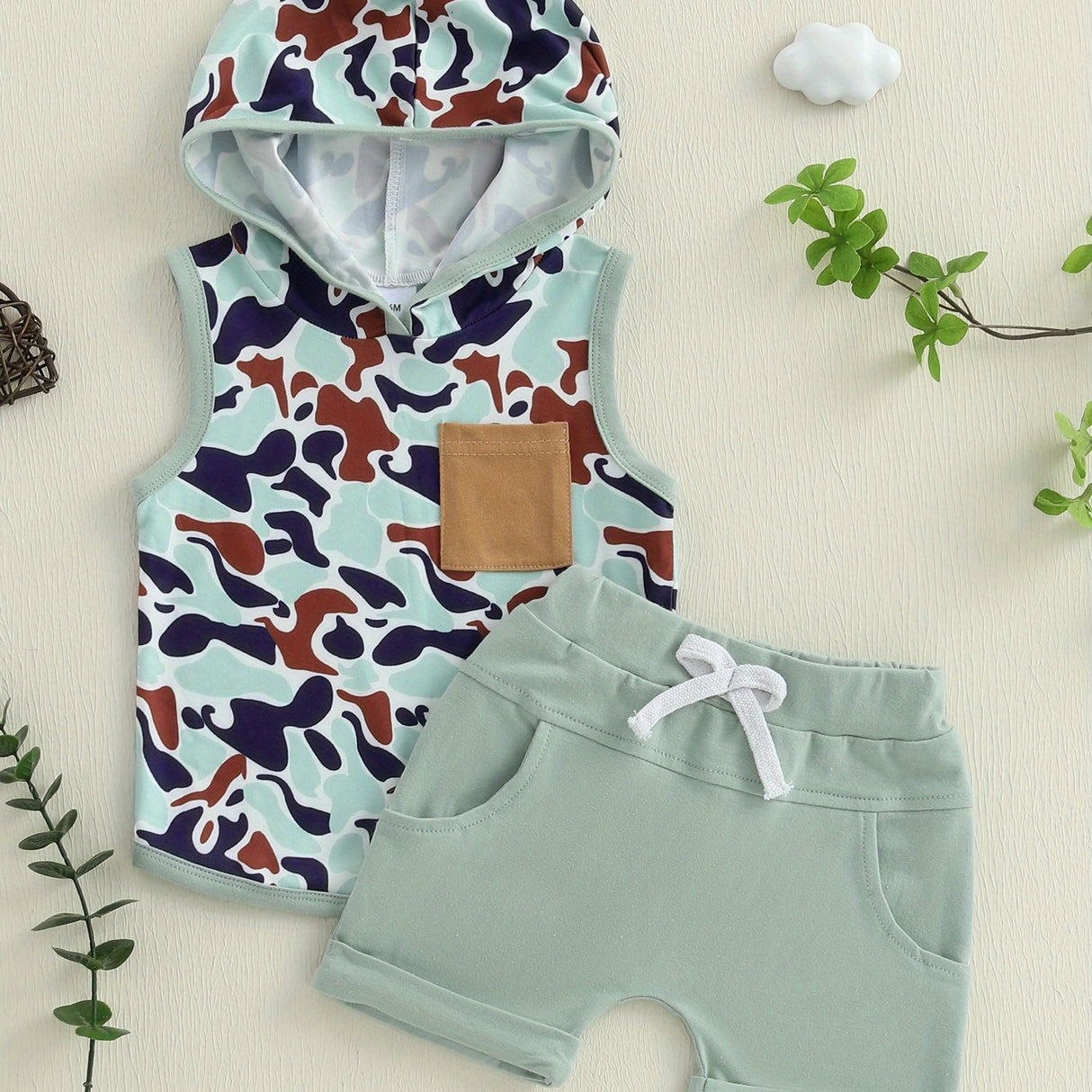 0-3T Toddler Boys Summer Outfits Camouflage Hooded Sleeveless Tank Tops Elastic Waist Shorts Cute Clothes Set, for Outdoor