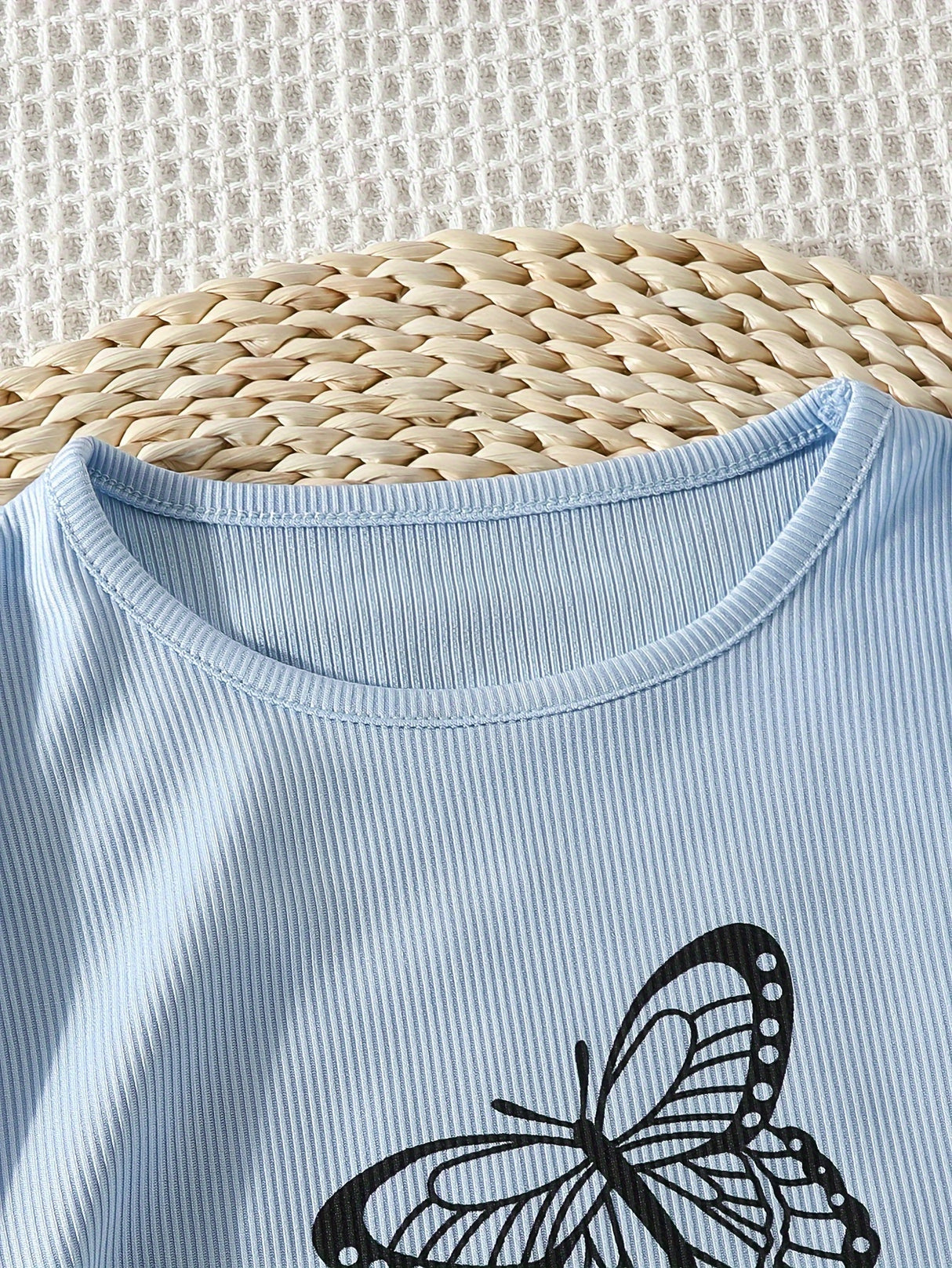 Girl's Trendy 2pcs, Drawstring T-shirt & Skirt Set, Butterfly Print Ribbed Short Sleeve Top, Casual Outfits, Kids Clothes For Summer
