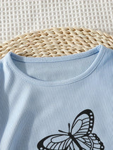 Girl's Trendy 2pcs, Drawstring T-shirt & Skirt Set, Butterfly Print Ribbed Short Sleeve Top, Casual Outfits, Kids Clothes For Summer