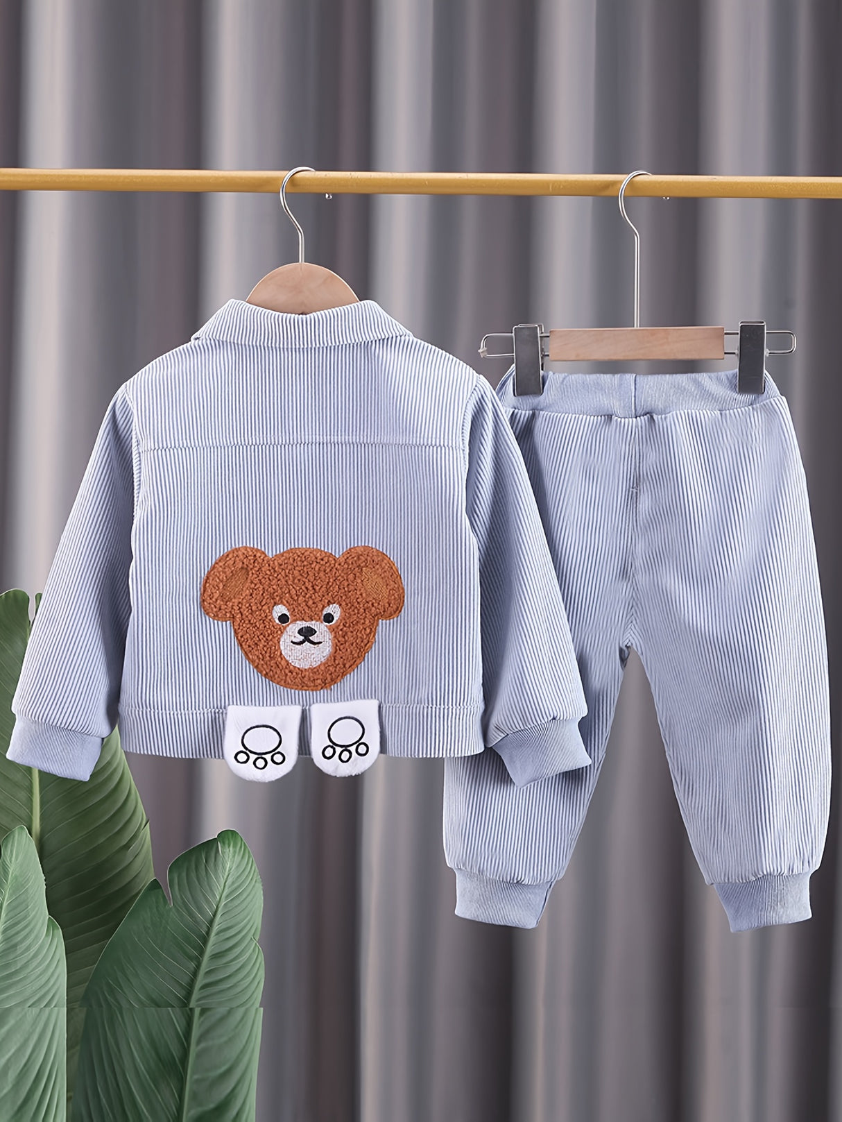 2pcs Toddler Boys Stylish Corduroy Outfit Set - Comfortable Casual Sportswear with Adorable Embroidered Bear Design, Complete Coat and Pants - Perfect for Spring and Autumn, Beige